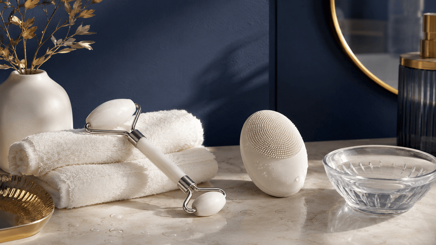 Clean facial roller and silicone cleansing brush arranged for product care