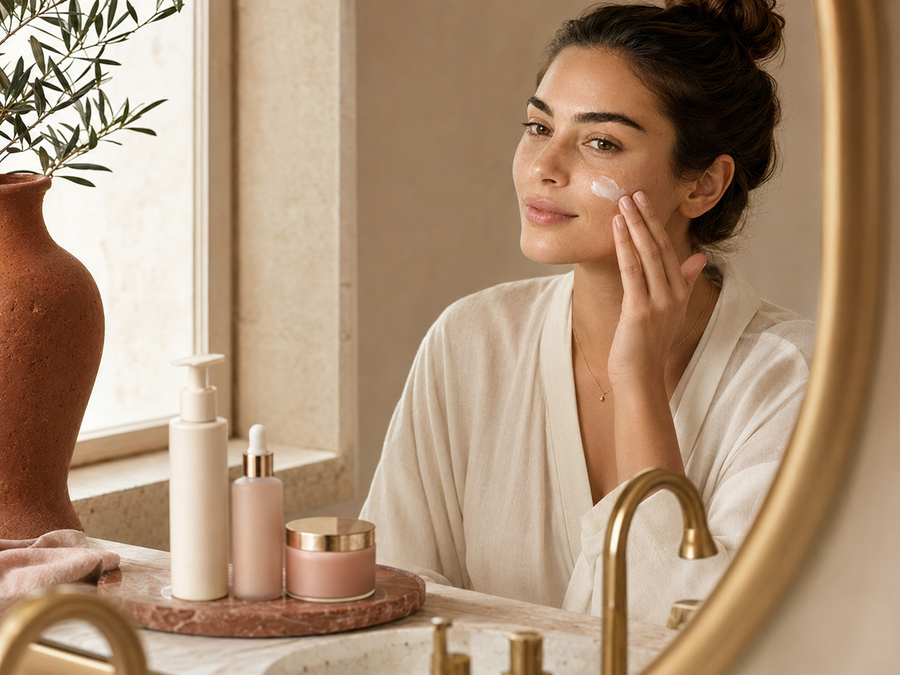 Woman applying moisturizer during her morning skincare routine