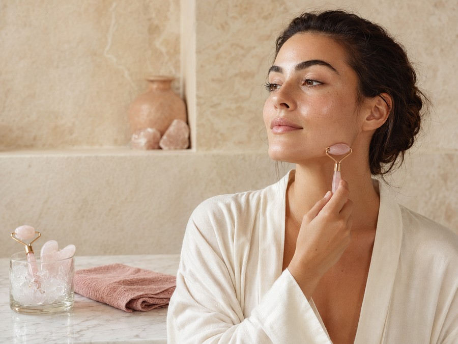Woman using a rose quartz facial roller along her jawline