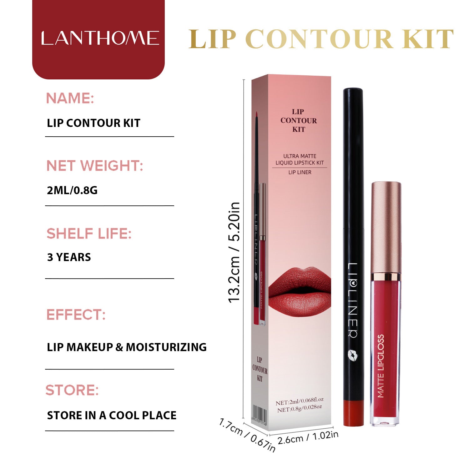 Lip contour kit with liner, matte lip color and retail box