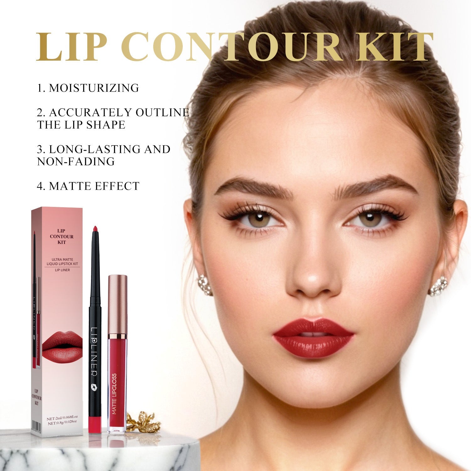 Lip contour kit makeup result and product view