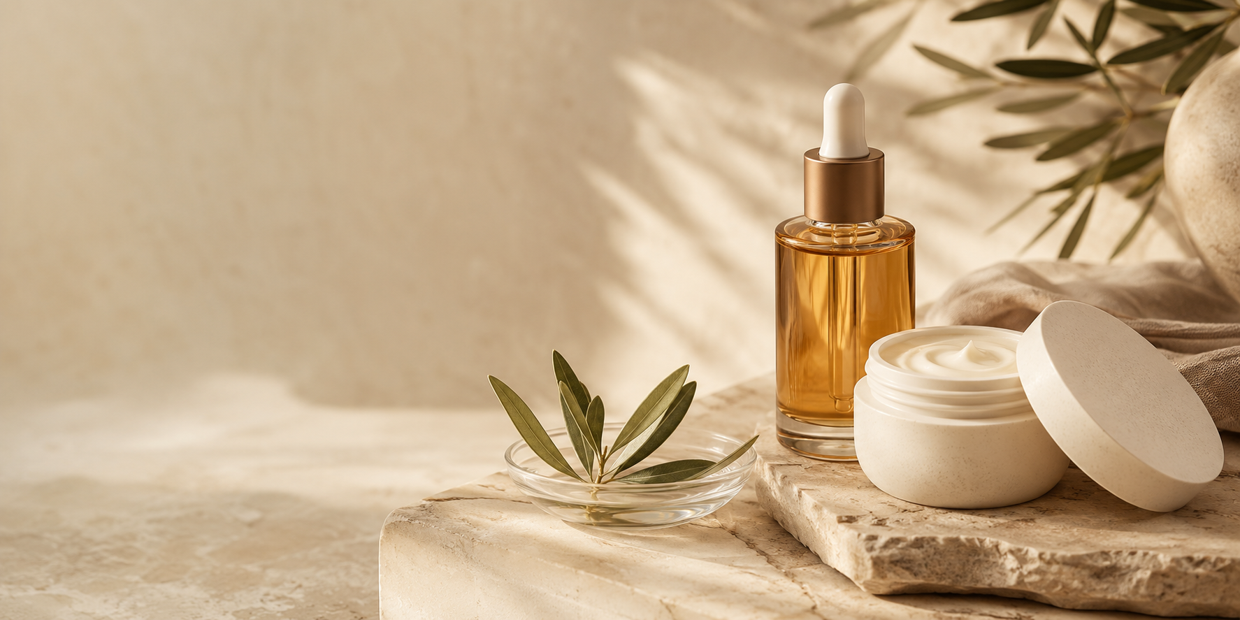 Serinia skincare still life with amber serum and cream on warm stone